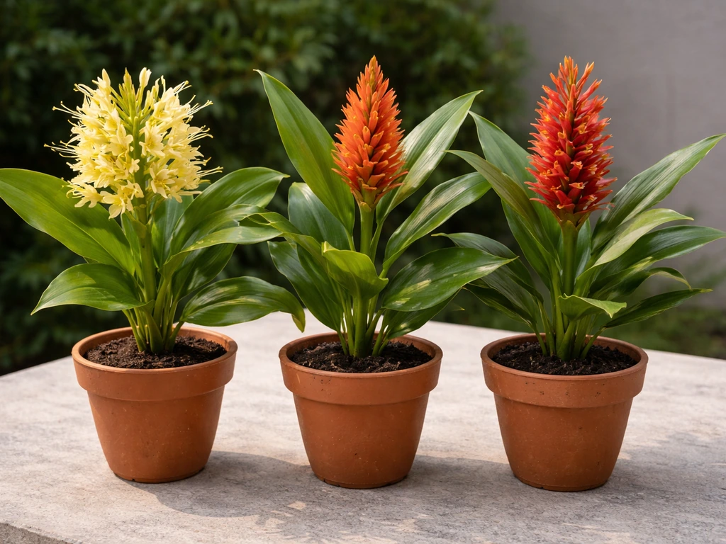 Three potted ginger-lily-like plants with different flower colors on a simple patio table