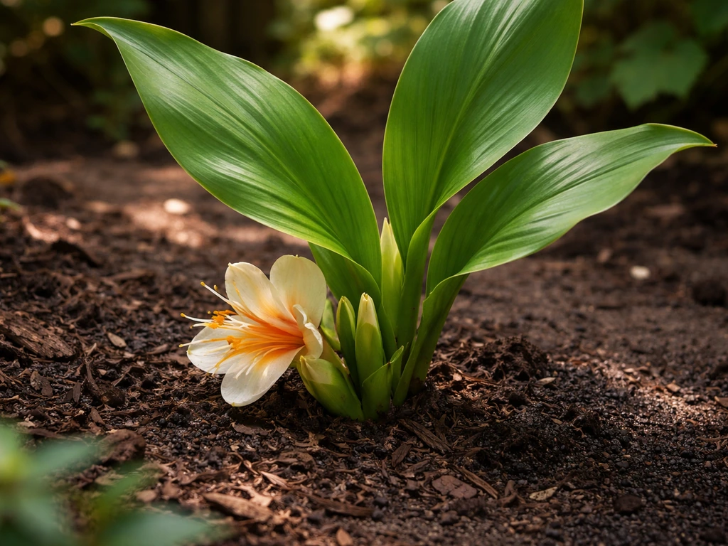 Ginger lily blooms in dappled partial shade with evenly moist soil and mulch