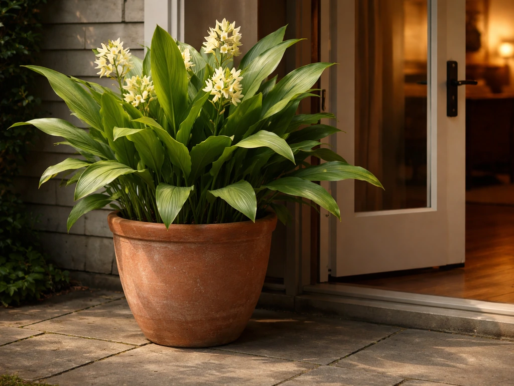 Large terracotta pot with ginger lilies staged near an indoor doorway for overwintering.