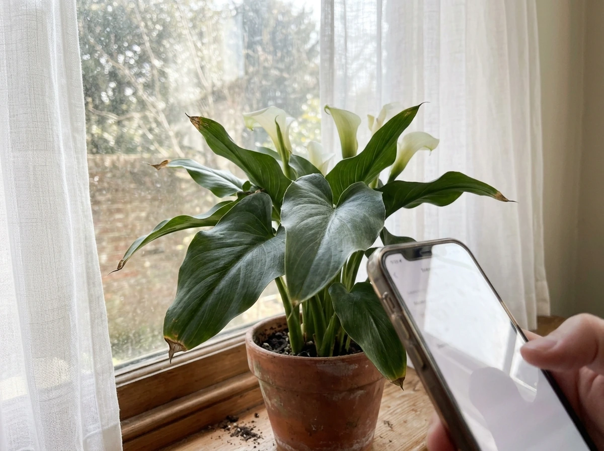 Calla lily set near a bright window where light supports blooming