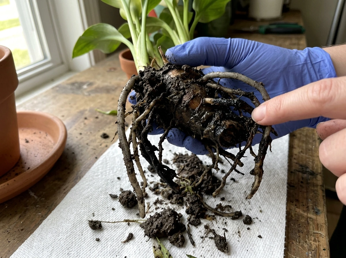 Inspecting rhizome and roots for root rot after removing from pot