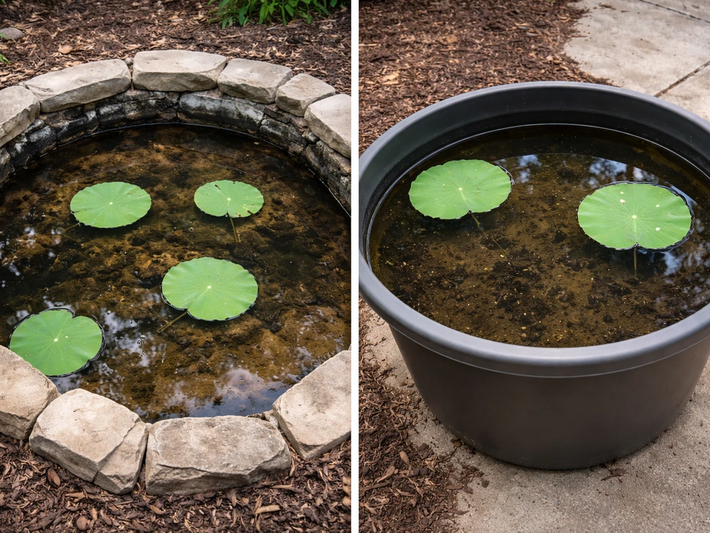 Side-by-side home lotus setups: muddy garden pond on left and large container tub with muddy substrate on right.