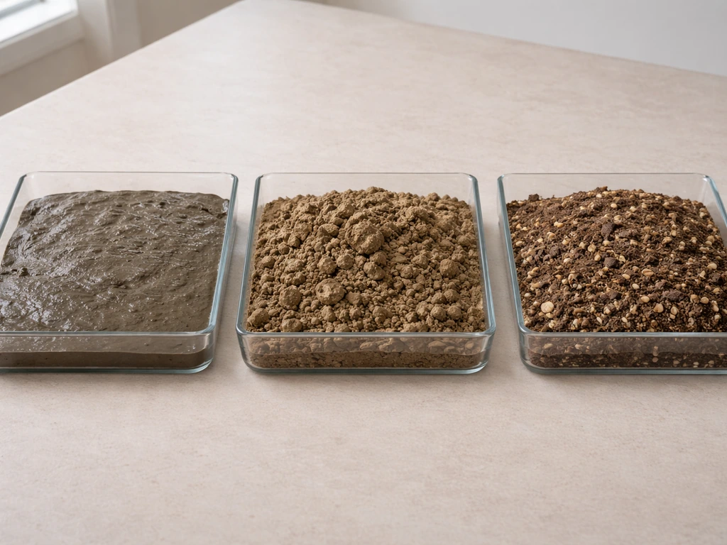 Three side-by-side trays showing pond silt, clay/sand mix, and potting mix textures for lotus rooting
