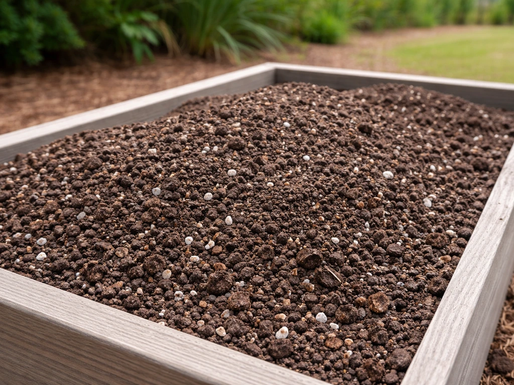Close-up of a raised planting bed with airy, well-draining soil mix for preventing bulb rot.