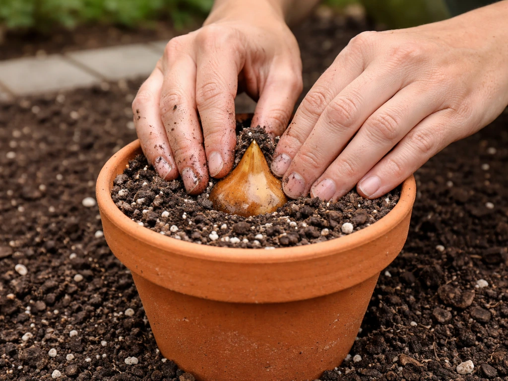 Hands placing a bulb at correct depth and filling a pot with drainage-forward potting mix.