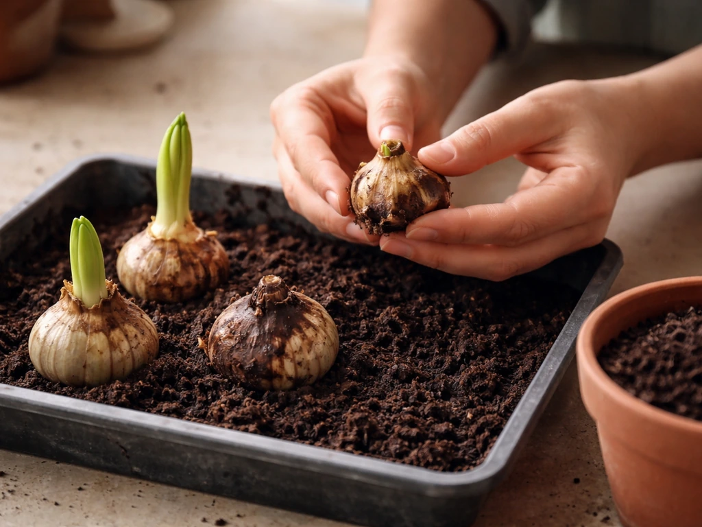 Close-up of Easter lily bulbs in a small potting tray with healthy shoots and a nearby rotted bulb.