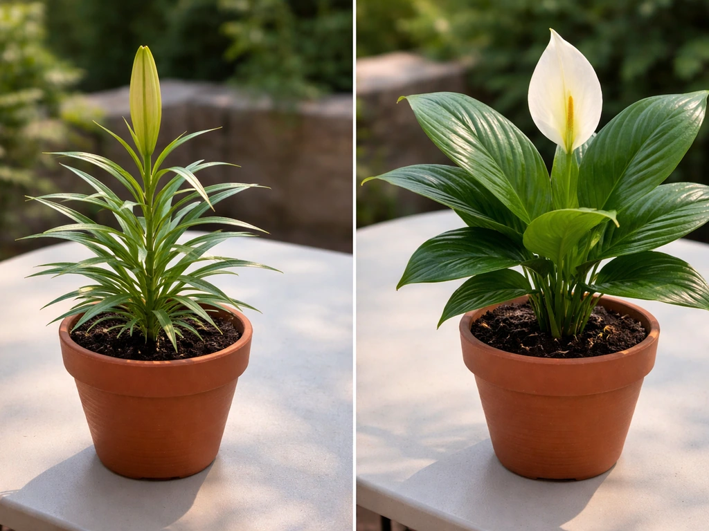 Close-up comparison of true lily and a common lily lookalike leaf and bloom in two small pots.