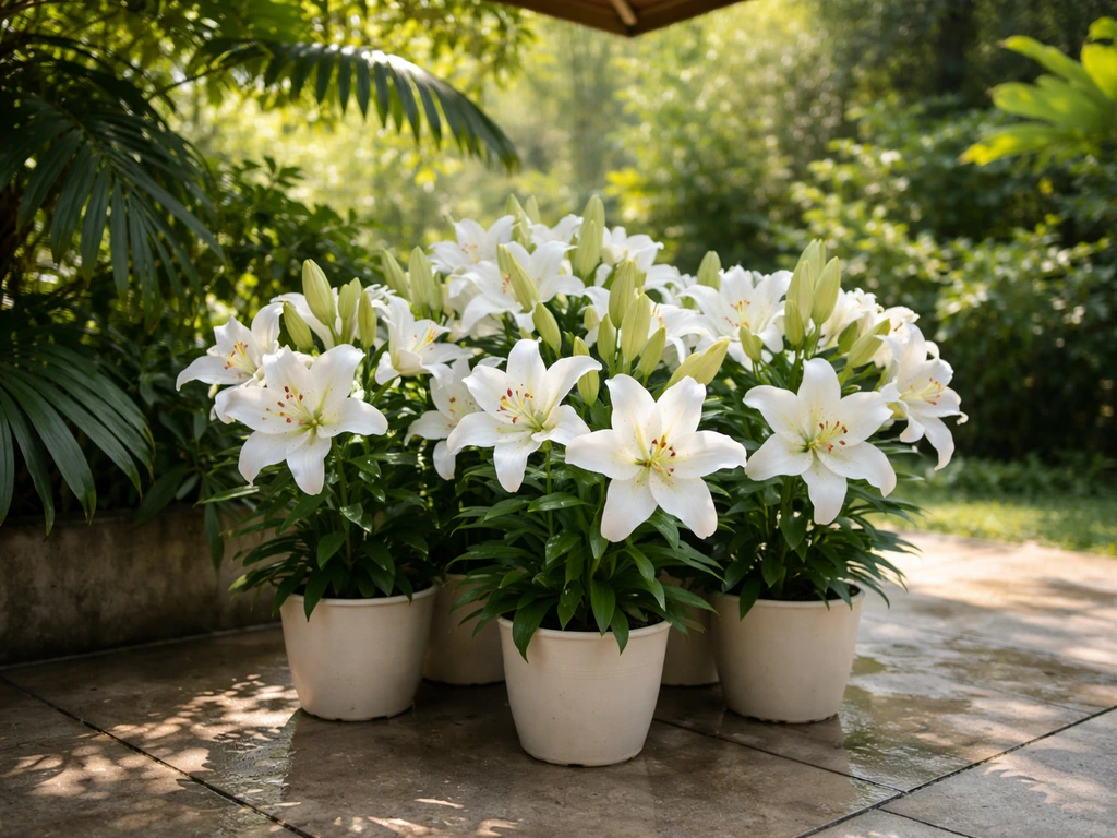 Tropical lily containers beneath partial canopy, morning sun and dappled shade patterns on foliage