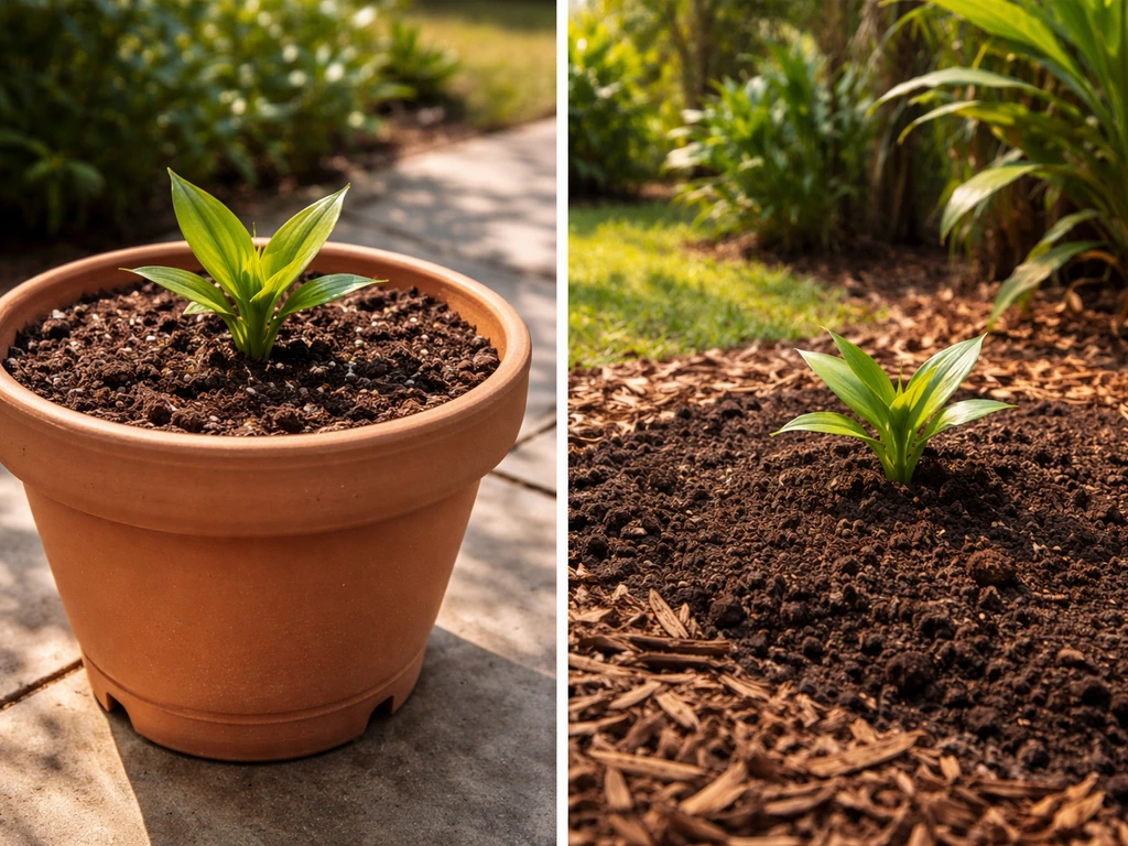 Split view of a tropical lily in a fast-draining container mix and an in-ground bed with amended soil