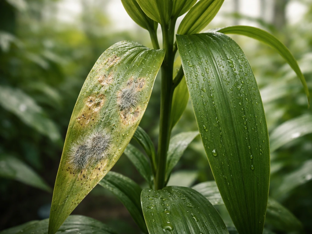 Close-up of lily leaves showing water-soaked gray mold spots contrasted with healthy green foliage