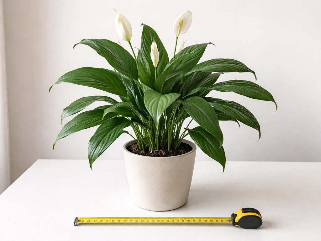 Peace lily in a pot with a measuring tape next to it for size reference.