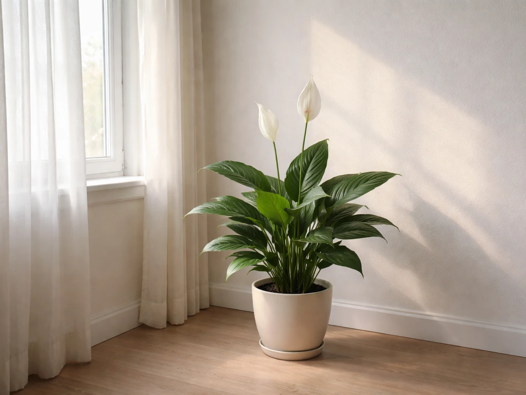 Peace lily near a bright window with soft indirect sunlight and empty space showing light direction.