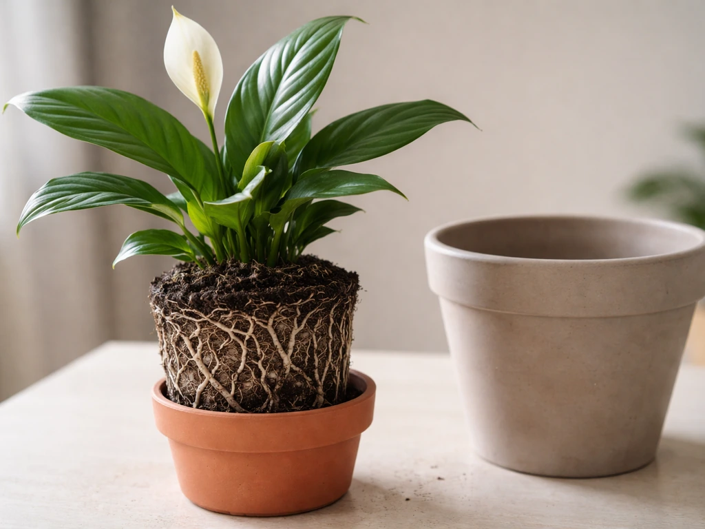 Peace lily in a small pot beside a larger pot, with roots partially visible to show repotting space