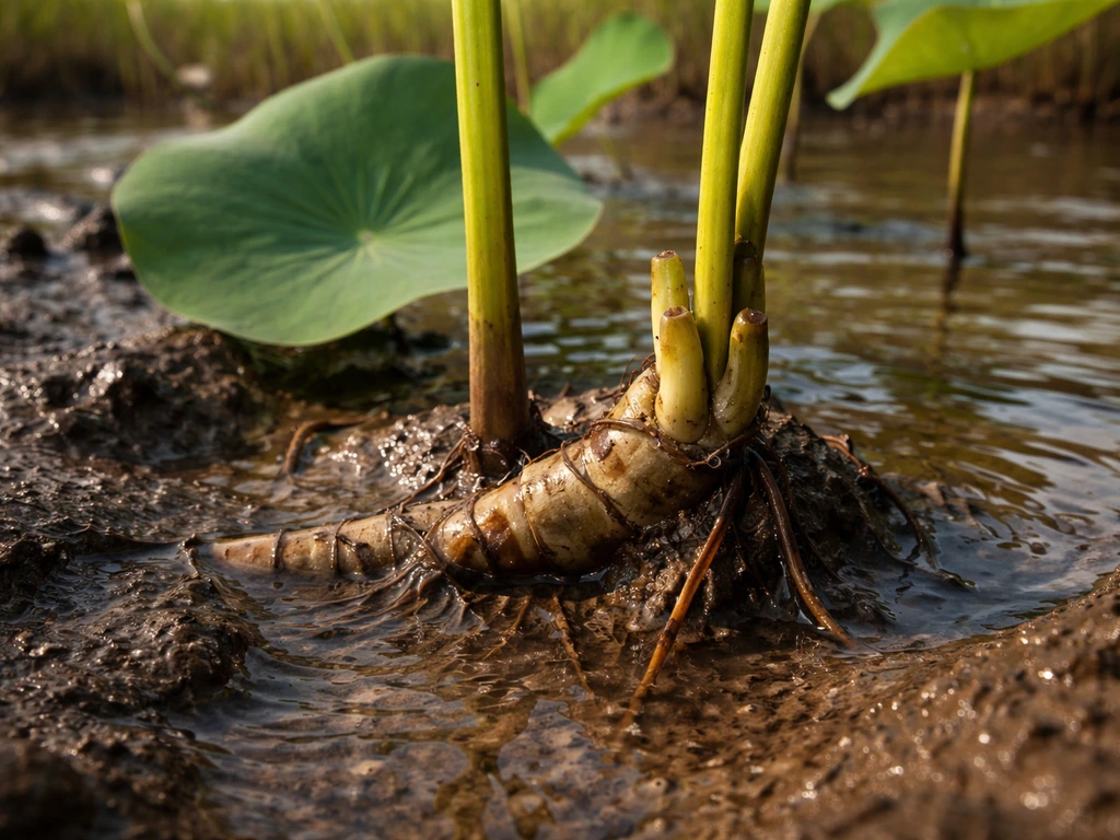 Lotus plant with visible rhizome in warm shallow muddy pond water