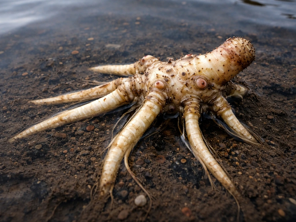 Macro view of lotus rhizome buried in dark, mucky pond substrate under shallow calm water