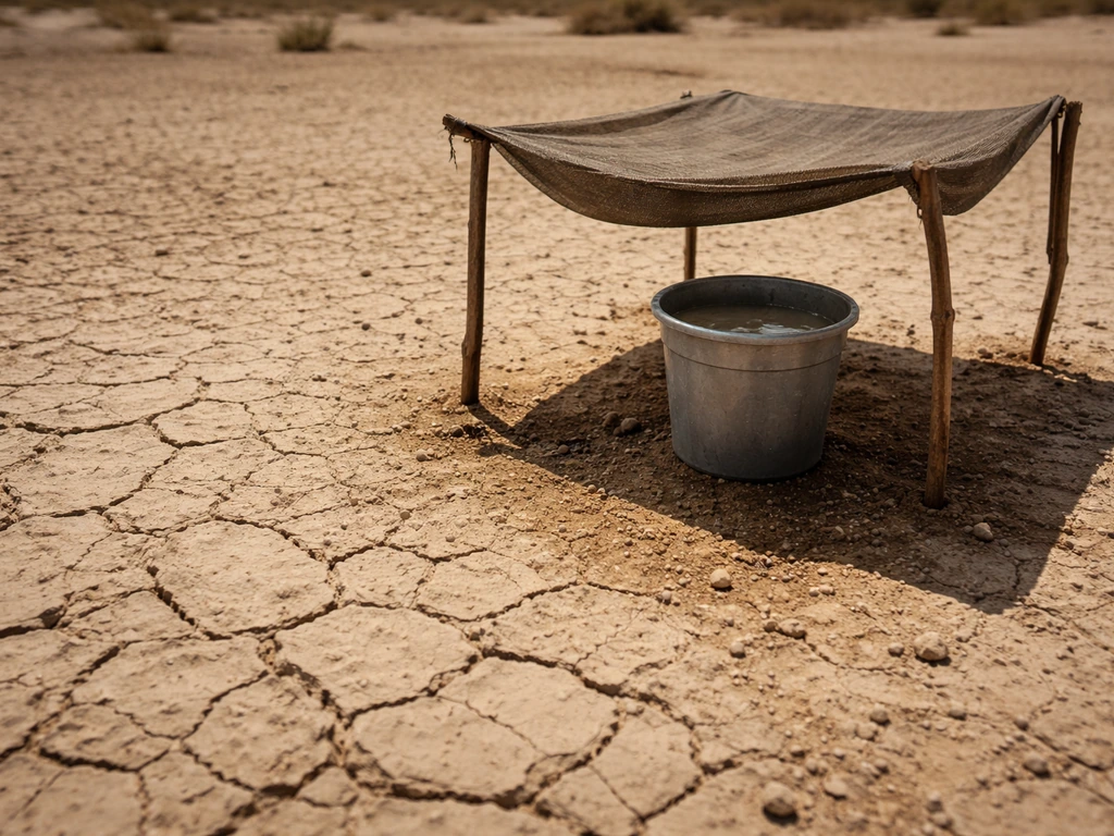 Intense desert sun over cracked dry soil beside a small sheltered water container