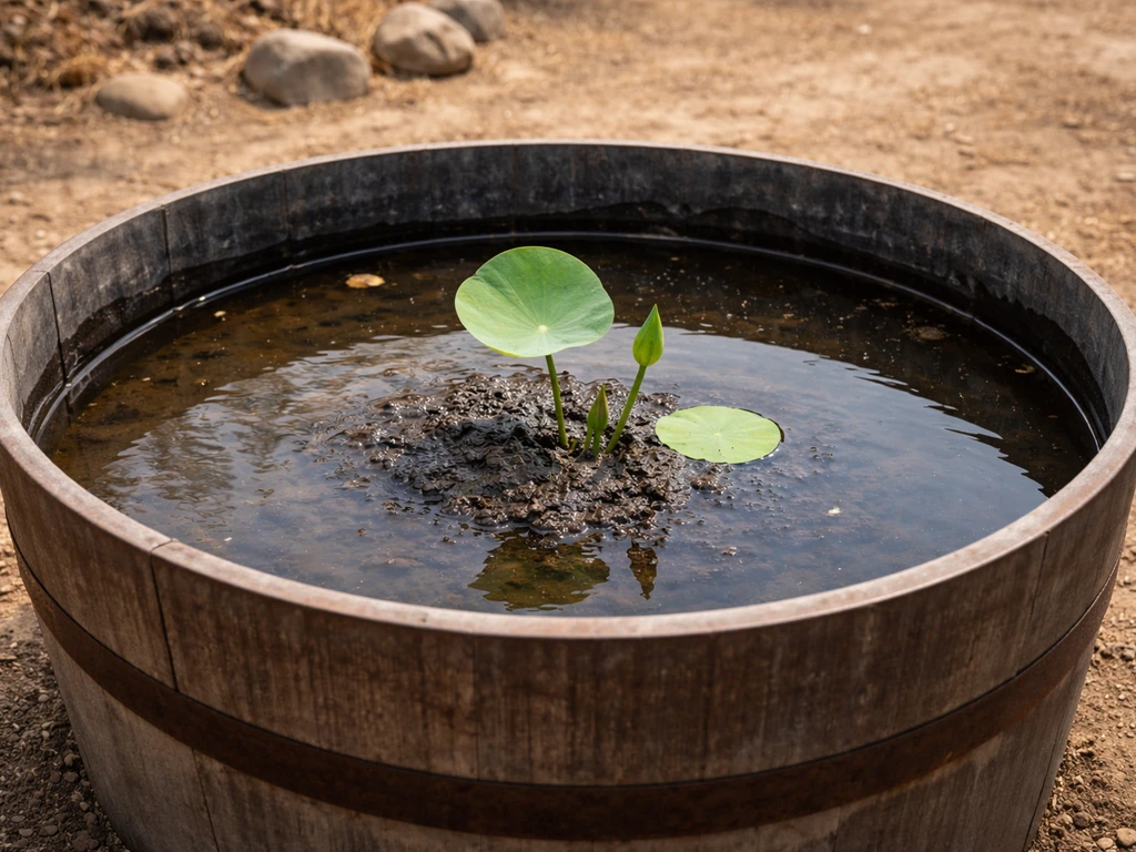 Dark half-barrel water garden with standing water, muddy substrate, and lotus sprout at the right depth.