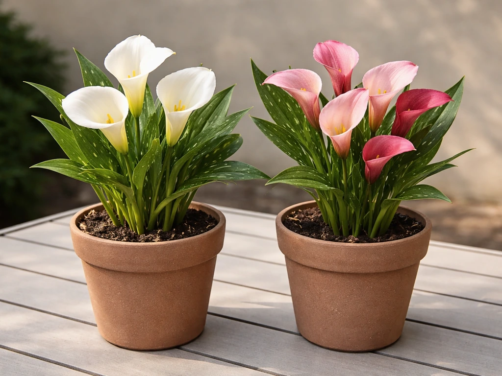 Two potted arum lilies side by side—classic white calla type and a different lookalike with darker spathe.
