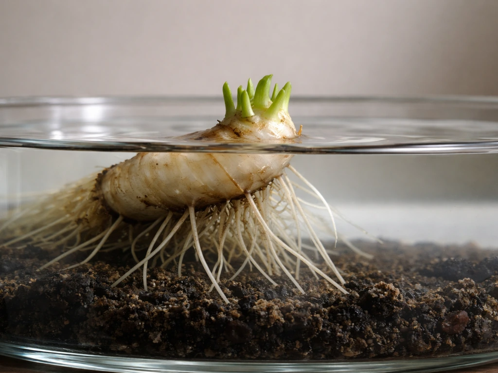 A shallow container with a correctly positioned aquatic rhizome—roots under water and crown just above