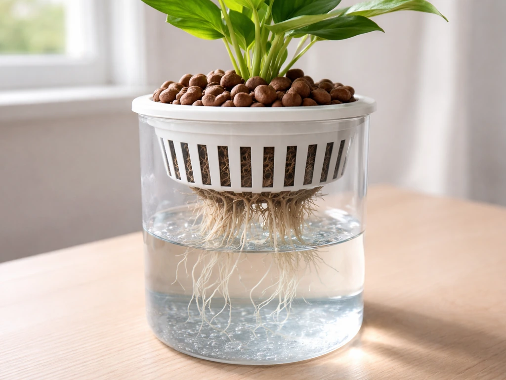 Close-up of an indoor semi-hydroponic setup with inert clay pebbles and roots above a nutrient reservoir