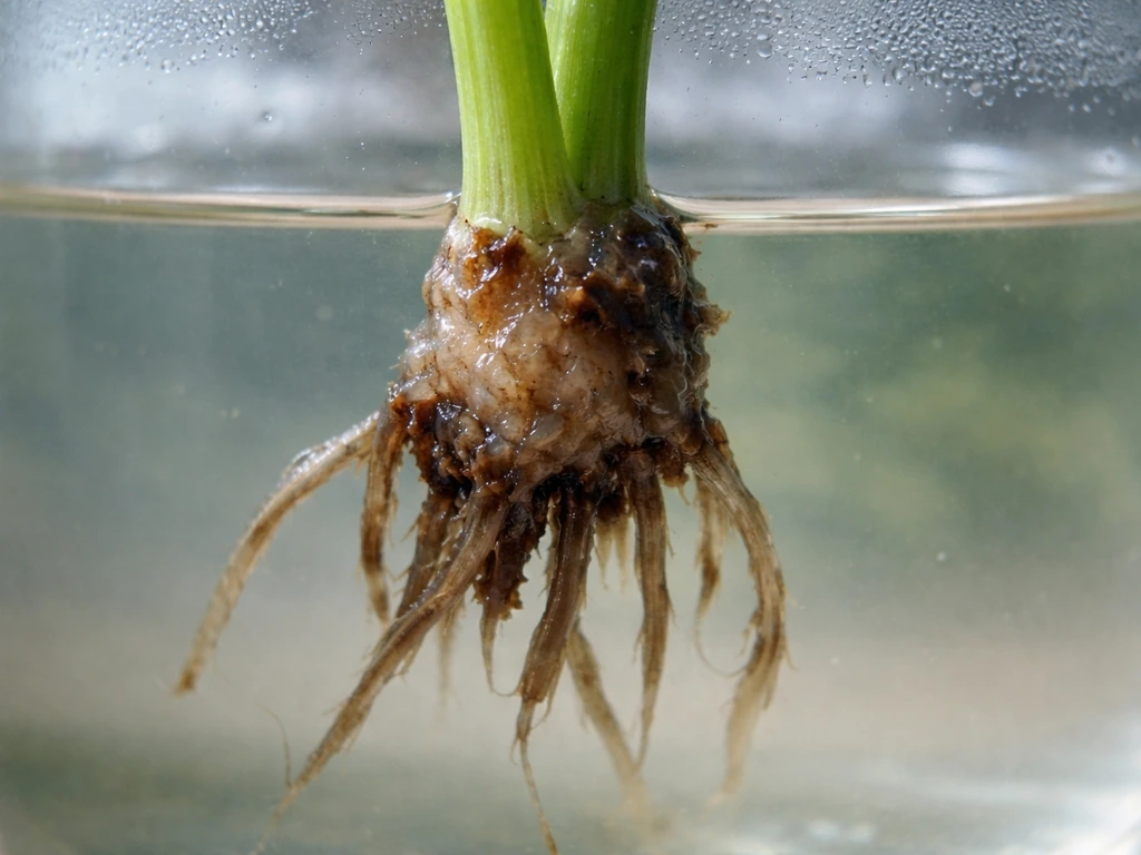 Close-up of a mushy, rotting plant rhizome at the stem base in damp water culture, foul-smell implied