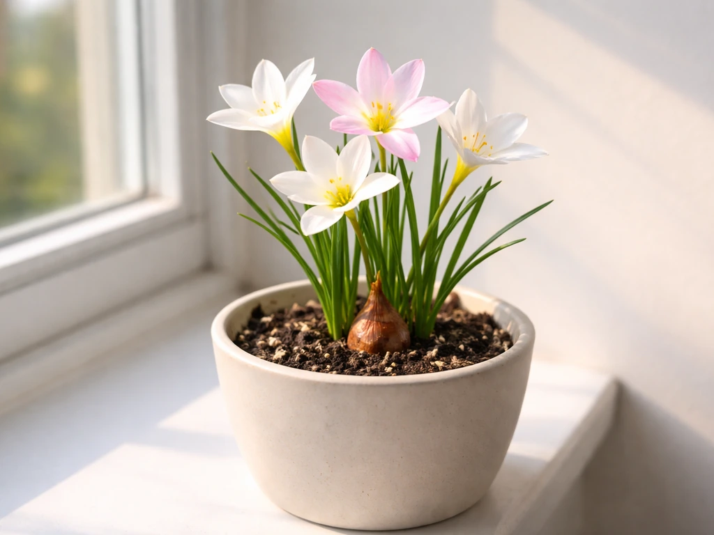 Rain lily in bloom on a bright indoor windowsill, showing bulb and leaf base in a pot.