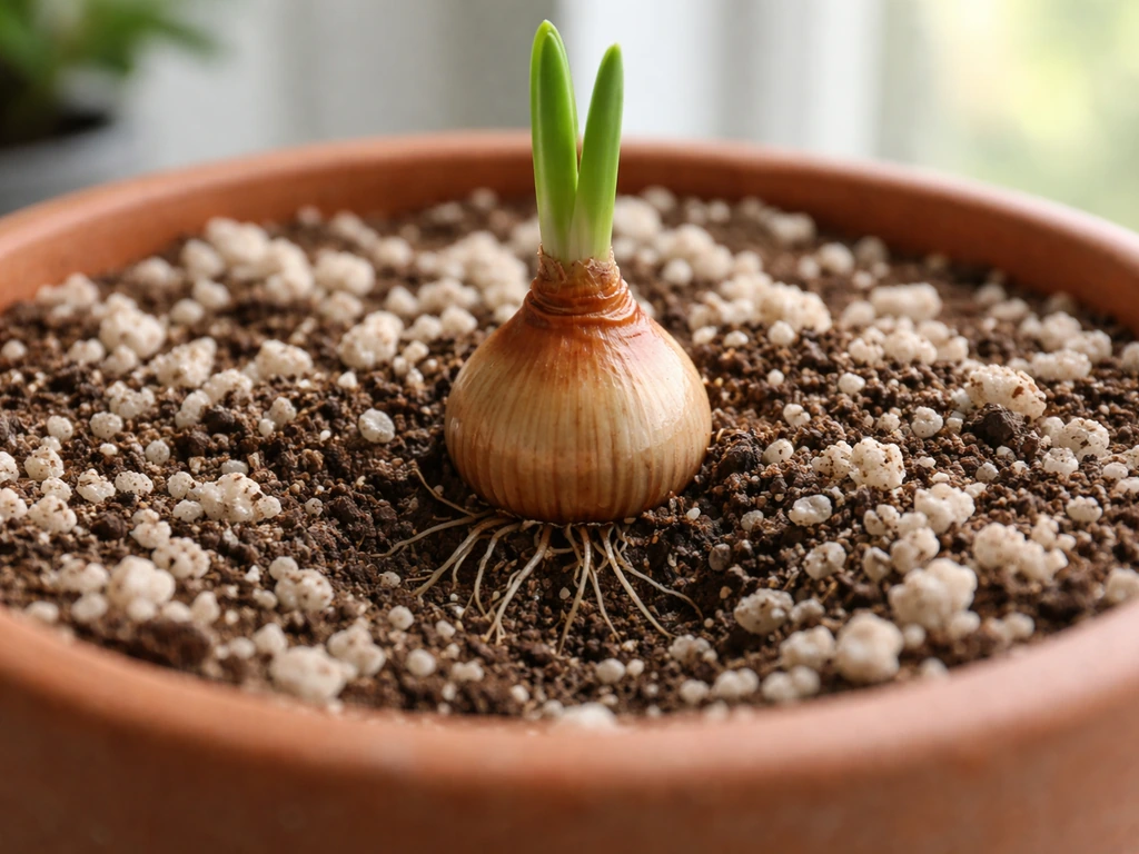 Close-up of a rain lily bulb partially above the soil in a well-draining indoor pot