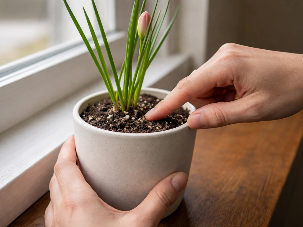 Close-up of a finger checking dryness on the soil surface of a small indoor rain lily pot.