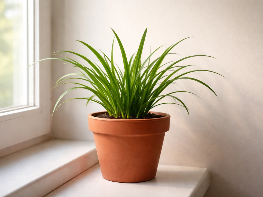 A rain lily in a pot with lush green leaves placed by a bright window with soft daylight.