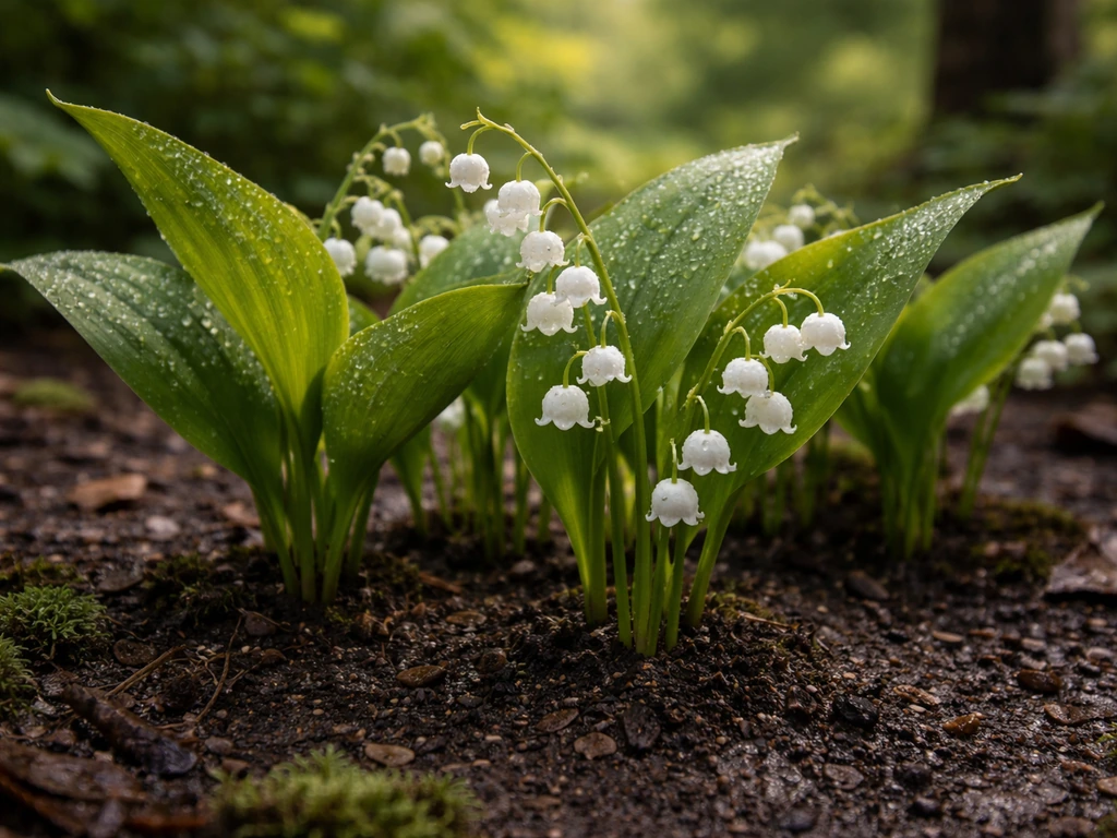 Lily of the valley thriving in moist shaded soil with dewy leaves, not standing water.