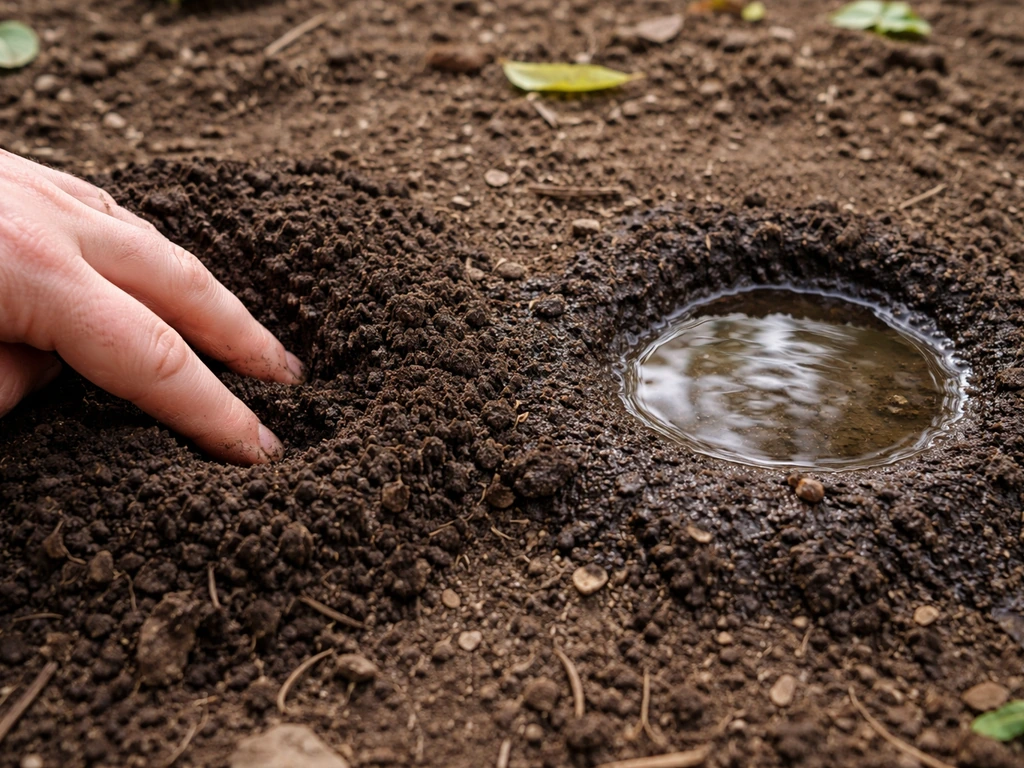 Close-up comparison of damp soil pressed with fingers vs shallow water pooled on garden soil surface.