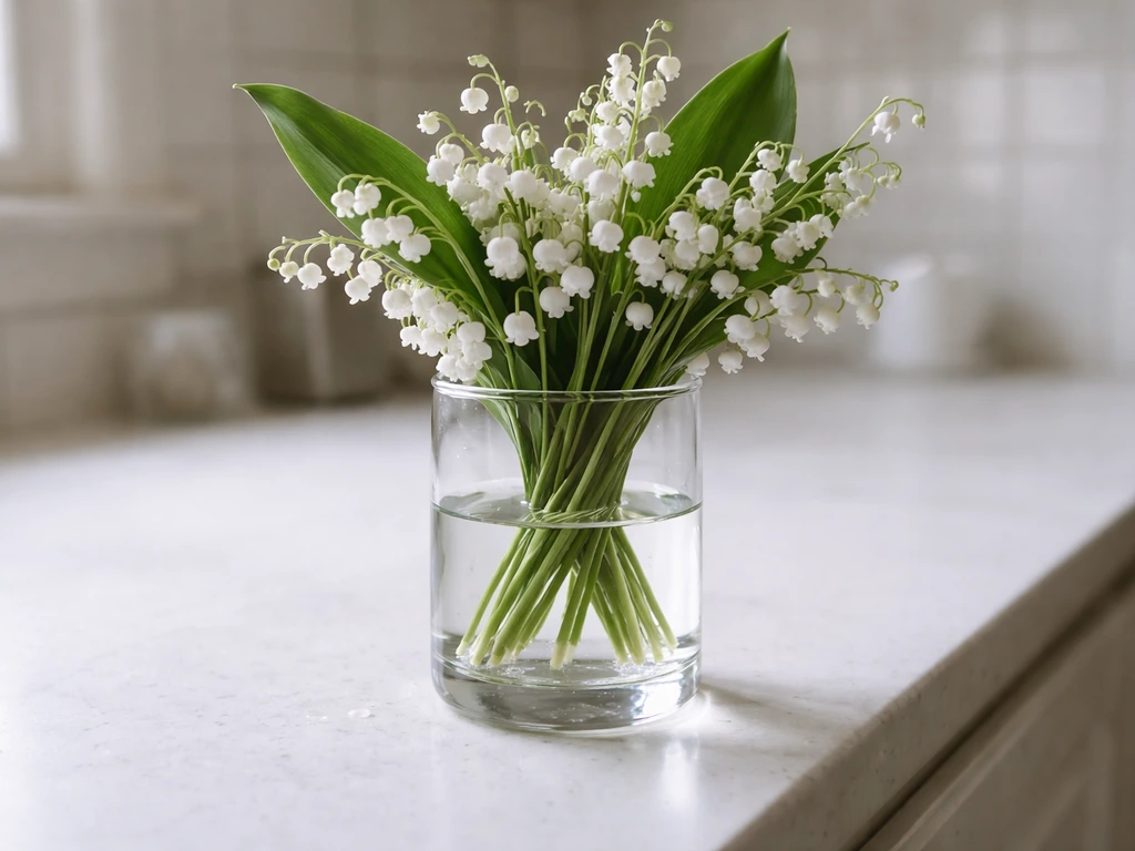 Close-up of lily of the valley in a clear vase with only a few inches of cool water showing cut ends.