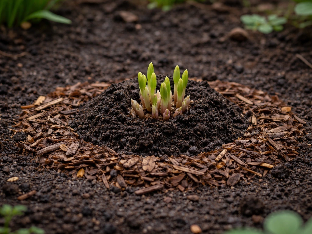 New lily of the valley crown planted in moist soil with leaf/bark mulch around the base