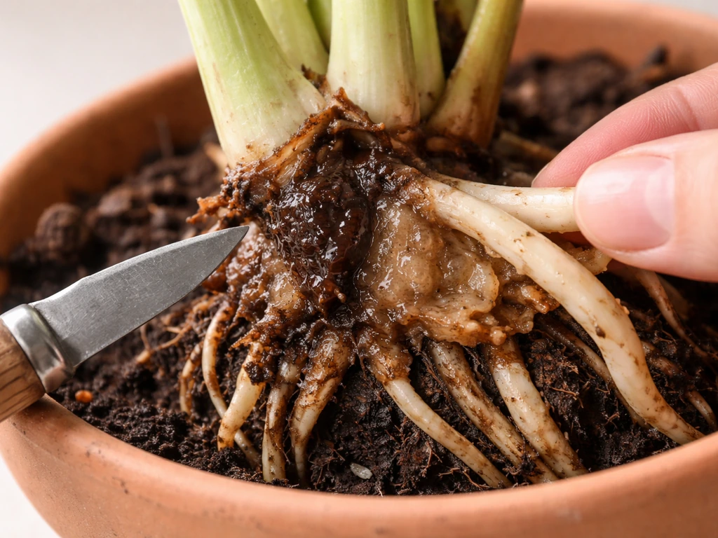 Close-up of an exposed plant crown with mushy rot contrasted against firm healthy tissue.