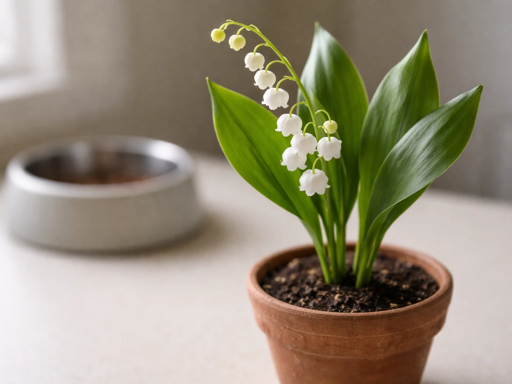 Close-up of lily of the valley flowers and leaves on a table with a pet bowl in the background.