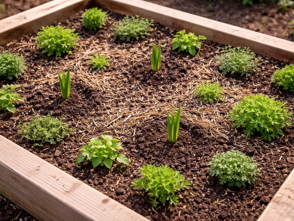 Raised garden bed with well-spaced plants and moist, non-waterlogged soil prepared for lily bulbs