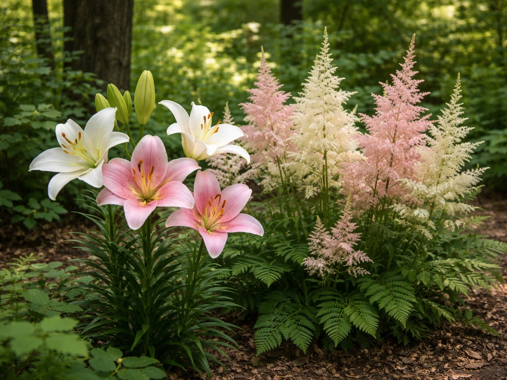 Dappled-shade woodland garden bed with lily flowers and soft astilbe plumes in pink and white.