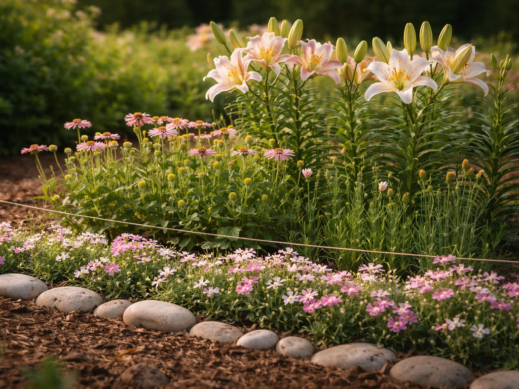 Garden bed with three layered plant heights showing bloom overlap: low edge flowers, mid companions, tall true lilies.