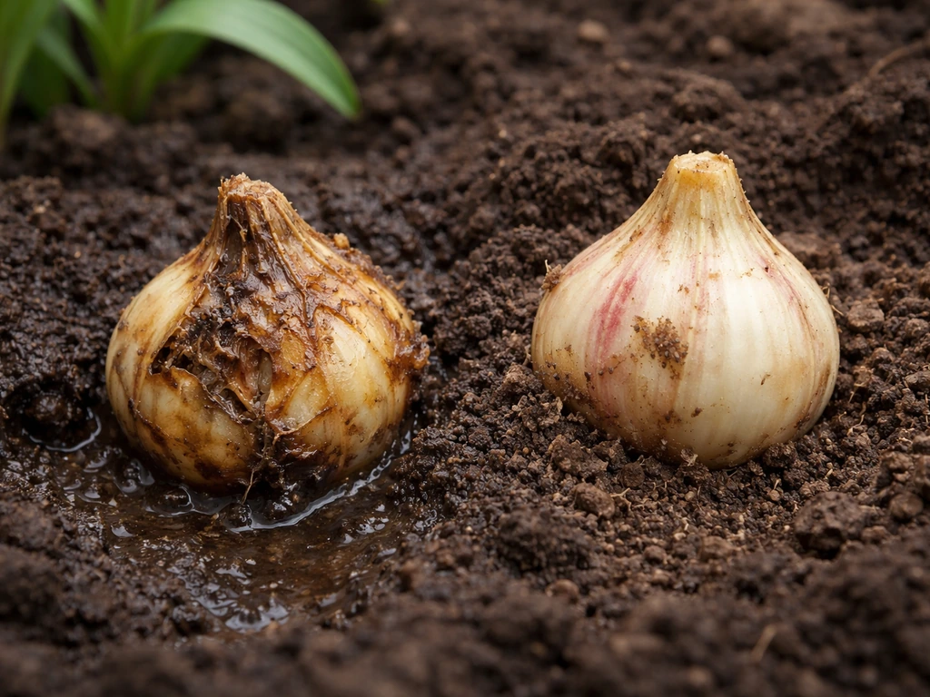 Close-up of lily bulbs in damp soil showing rot signs and contrast with firm healthy bulb