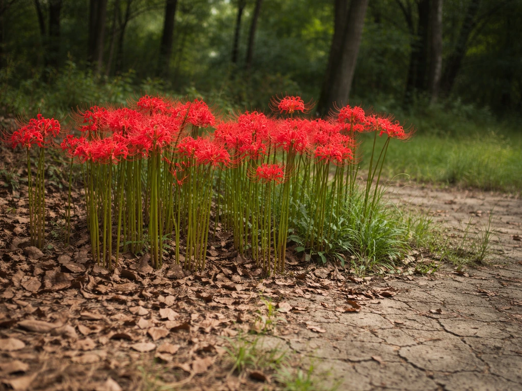Red spider lilies growing in a forest-edge clearing with dry soil transitioning to wetter green ground.