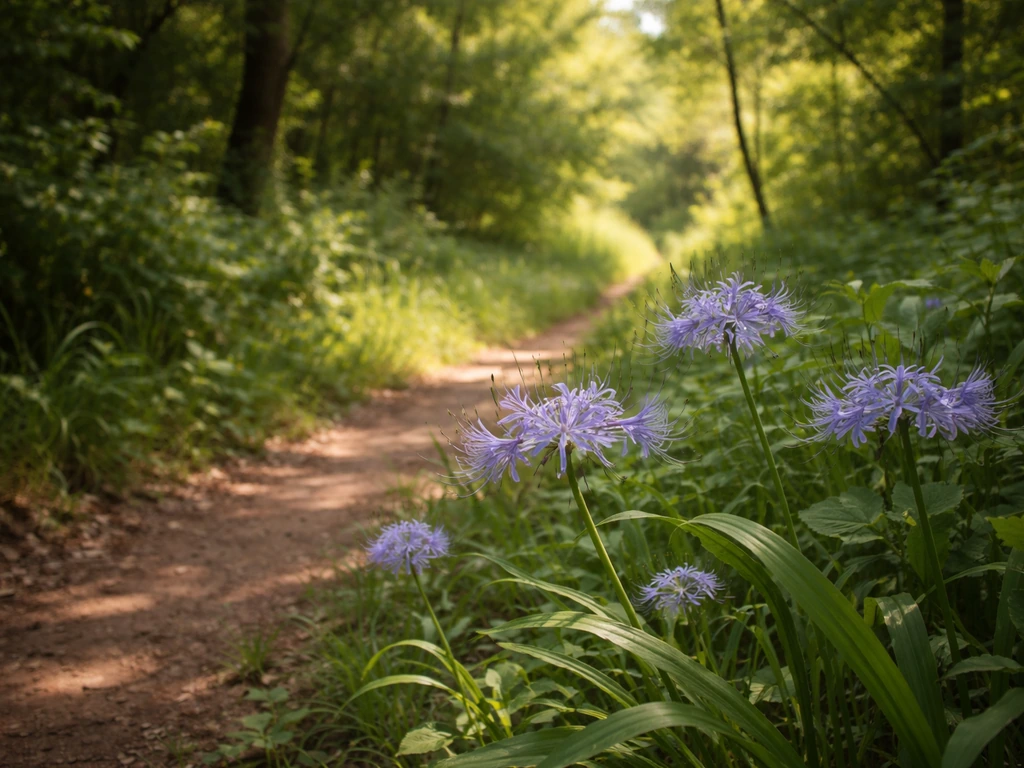 Warm-temperate garden edge with blue-purple spider lily blooms and soft sunlit greenery.