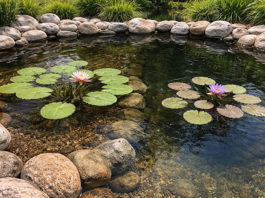 Minimal pond photo comparing larger hardy water lily pads in shallower water vs smaller tropical pads in deeper water.