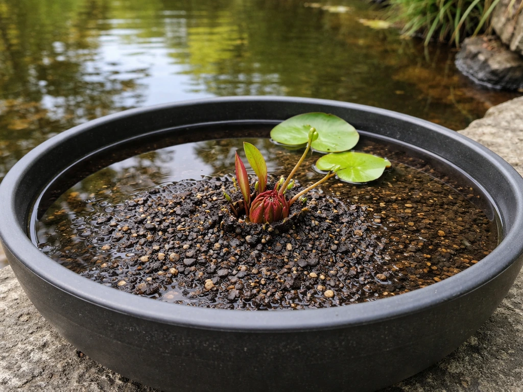 Close-up of a shallow water lily pot with aquatic soil and the lily crown planted, beside a pond edge.
