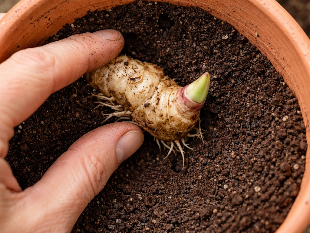 Top-down view of a hardy lily rhizome placed against a pot’s inner edge with the tip pointing inward.