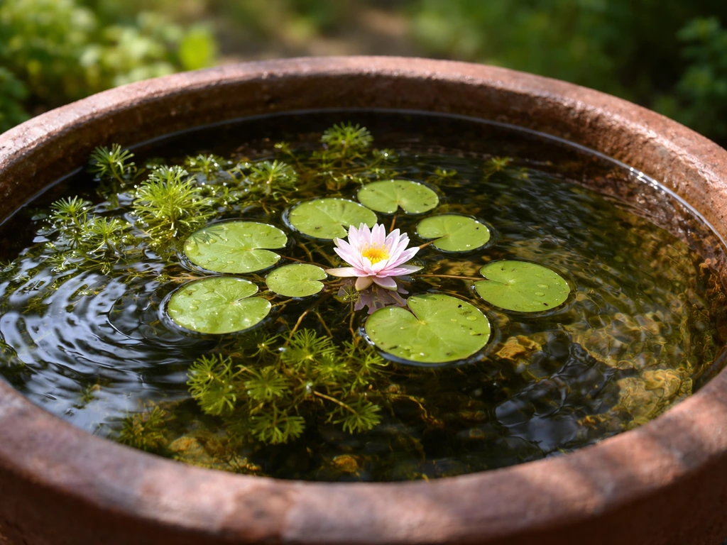 Dwarf water lily in a small patio tub, with rippling water and soft reflections under daylight.