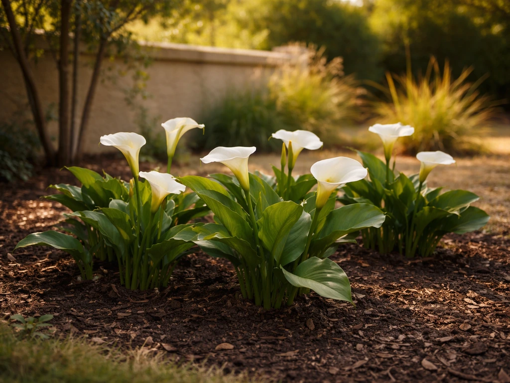 Calla lily plants in partial shade within a warm Texas-style garden bed with soft golden light.