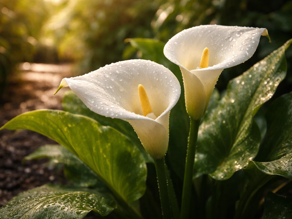 Close-up of healthy calla lilies blooming beside lush greenery in a warm, humid Texas garden setting
