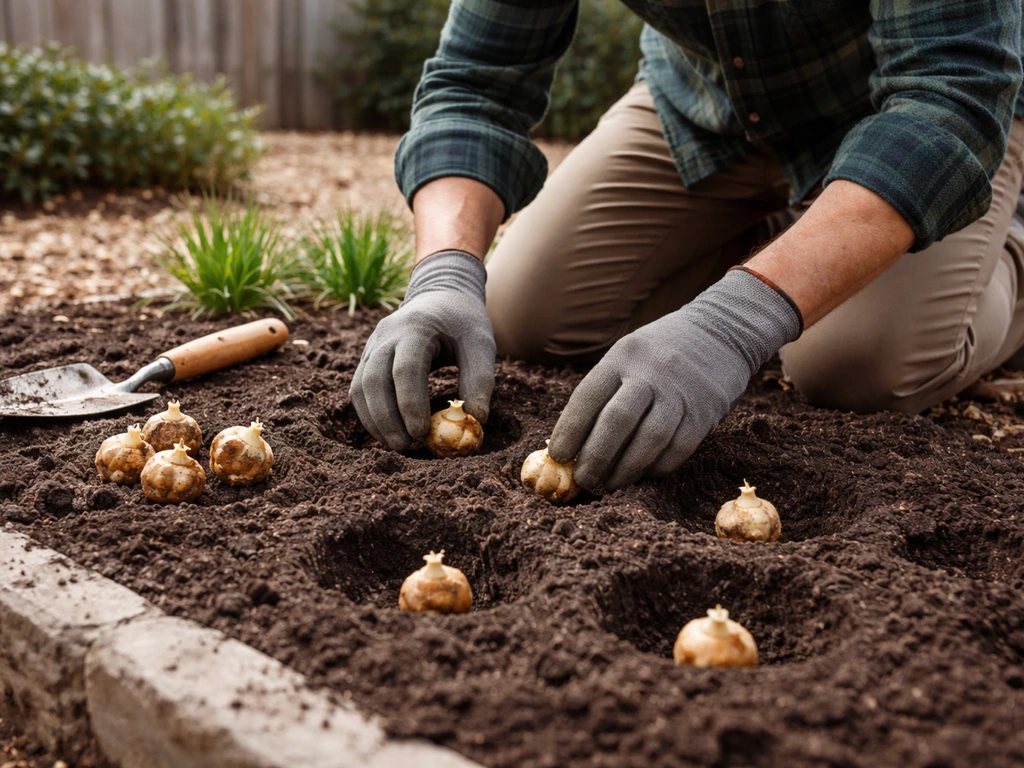Gardener kneeling in a Texas garden planting calla lily corms in late winter/early spring soil