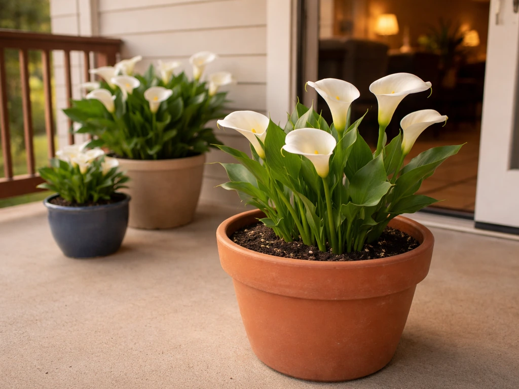 Calla lilies in terracotta pots on a Texas patio, with an easy path to move them indoors before a freeze.