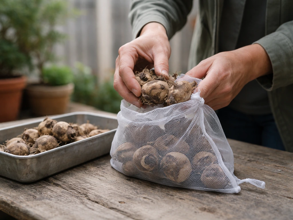Gardener hands bagging dry calla lily corms in a breathable mesh bag on a shaded porch.